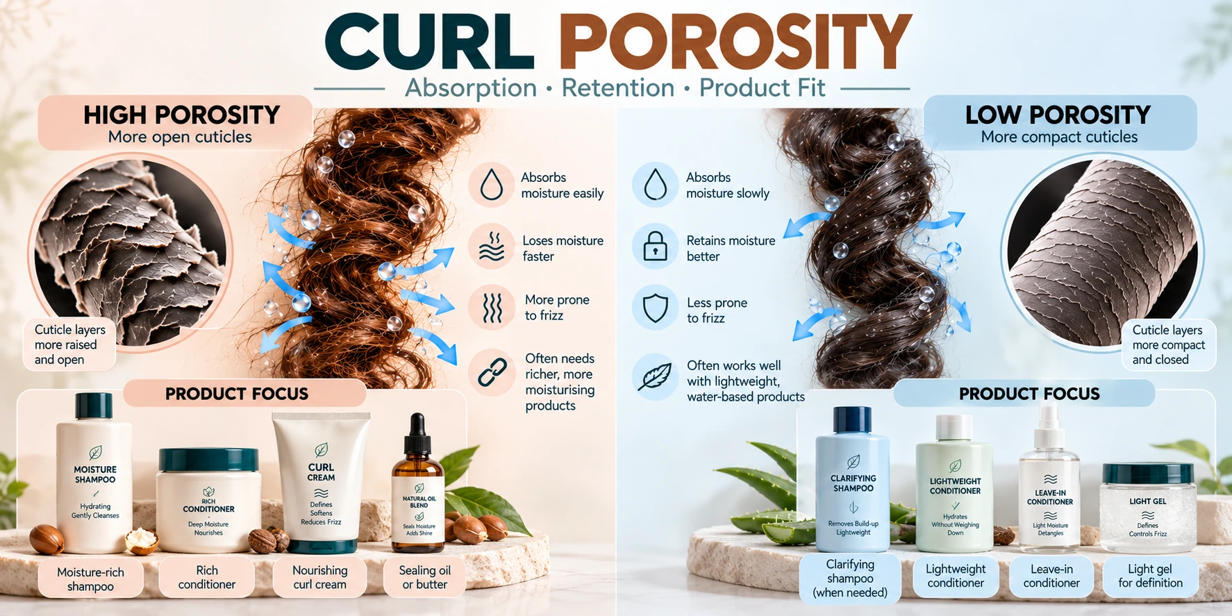 Curly hair porosity comparison showing high porosity and low porosity curls with differences in moisture absorption and retention