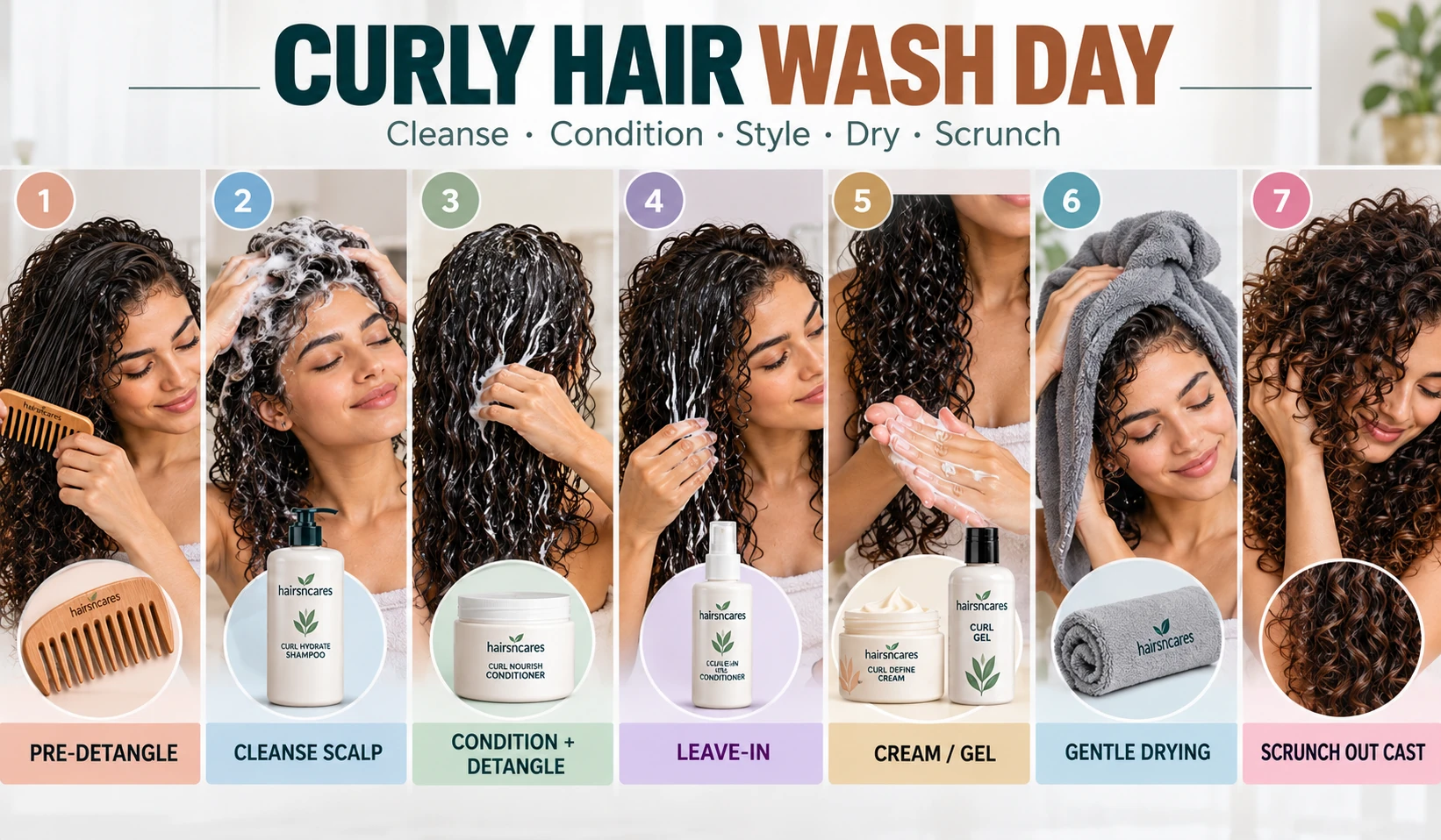 Curly hair wash day routine showing seven steps from pre-detangling and scalp cleansing to conditioning styling gentle drying and scrunching curls