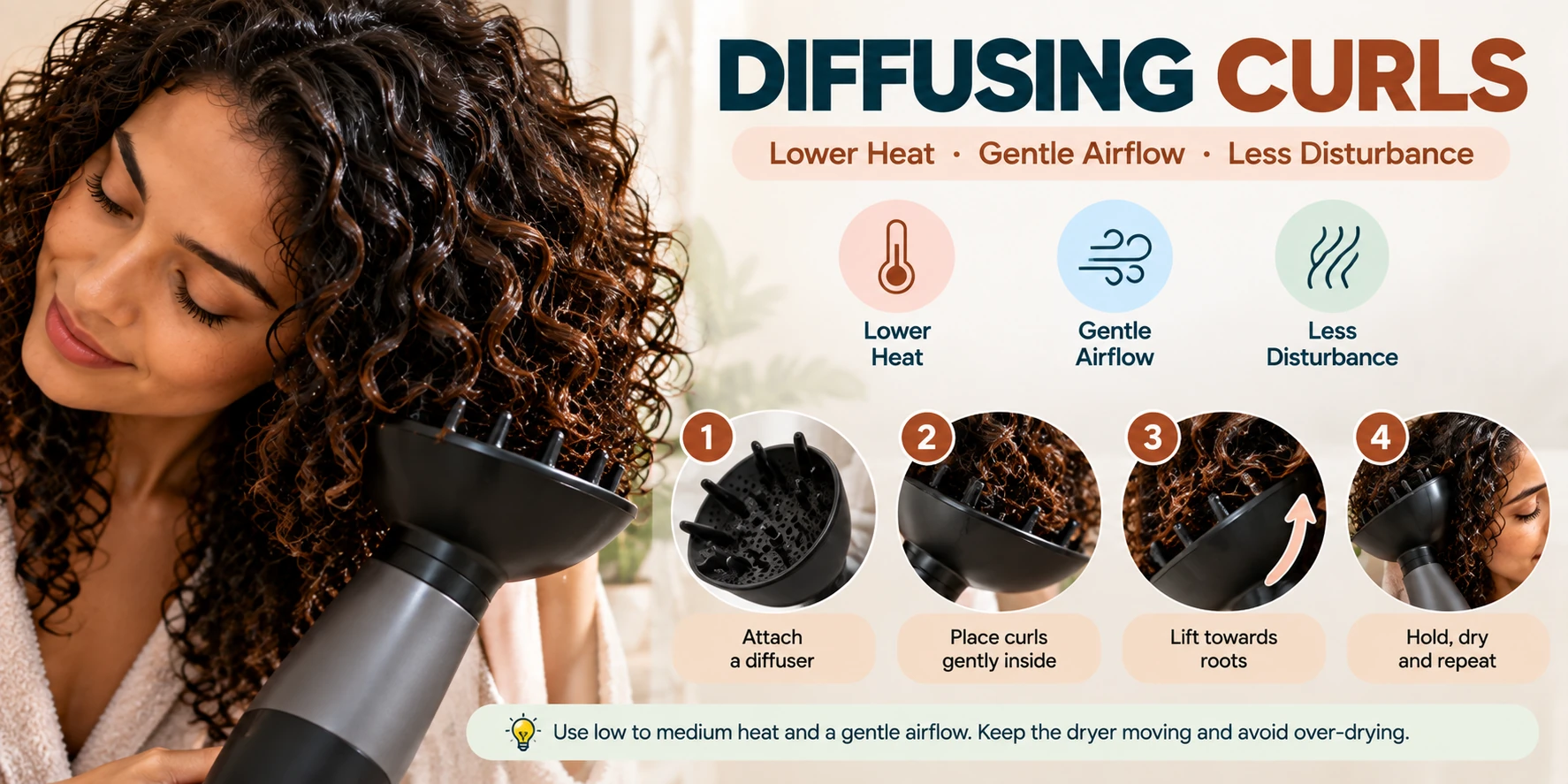 How to diffuse curly hair using a hair dryer diffuser with lower heat and gentle airflow