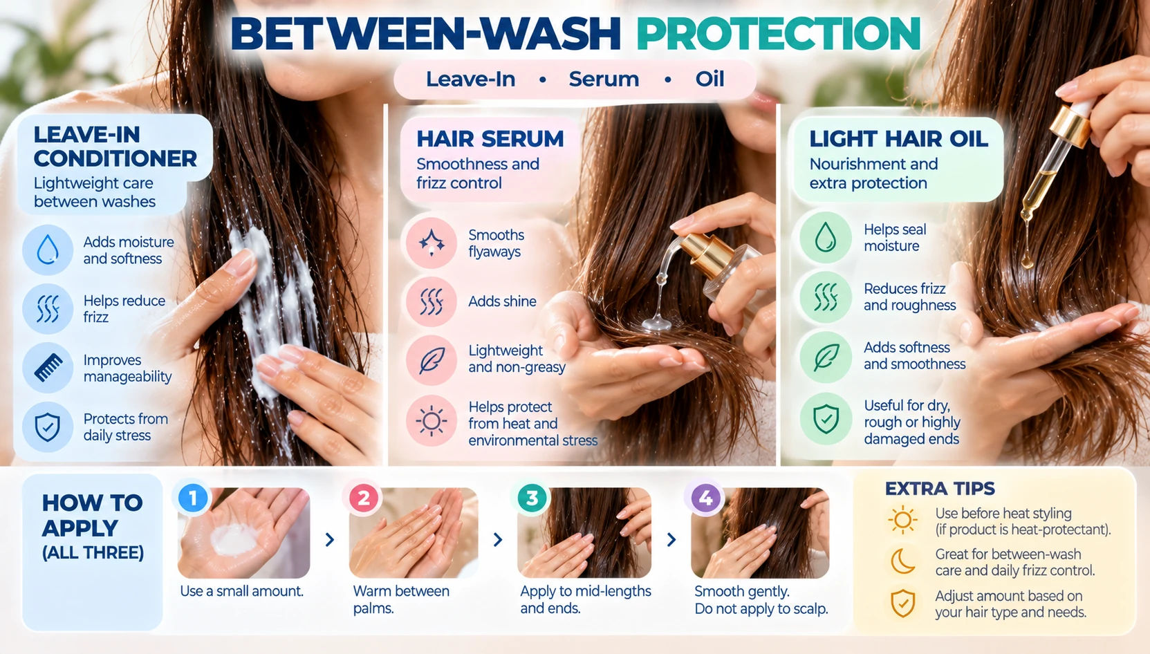 Between wash care for damaged hair using leave in conditioner hair serum and light hair oil on mid lengths and ends