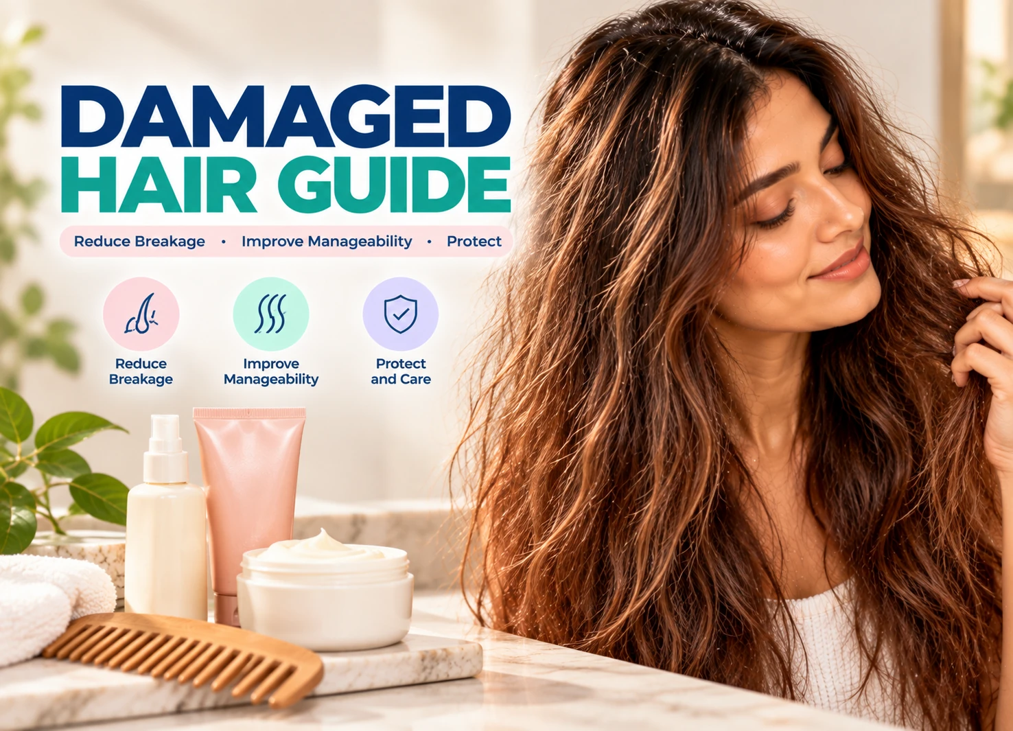 Damaged hair care guide for dry rough frizzy and breakage prone hair with gentle conditioning and protection