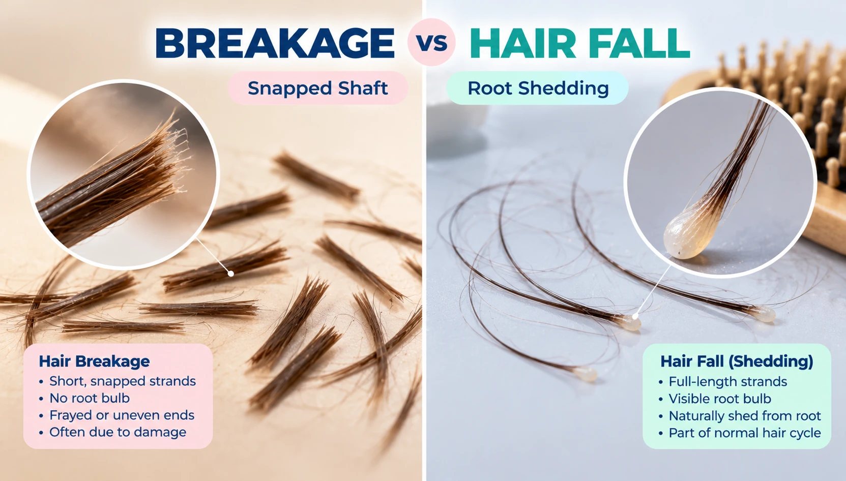 Hair breakage vs hair fall showing short snapped hair shafts compared with full length shed hair strands