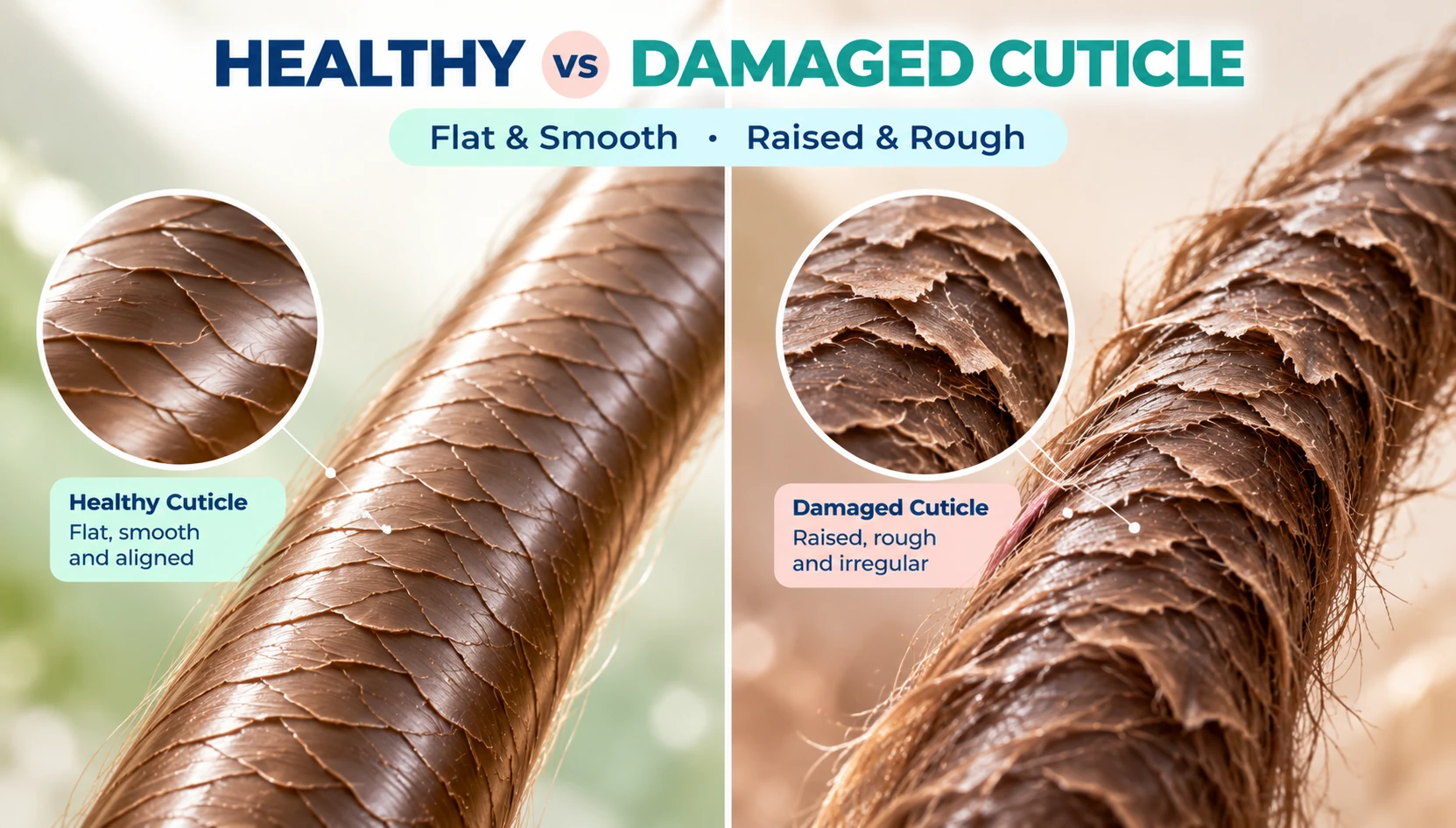 Healthy vs damaged hair cuticle showing smooth aligned cuticle scales compared with raised rough and irregular scales
