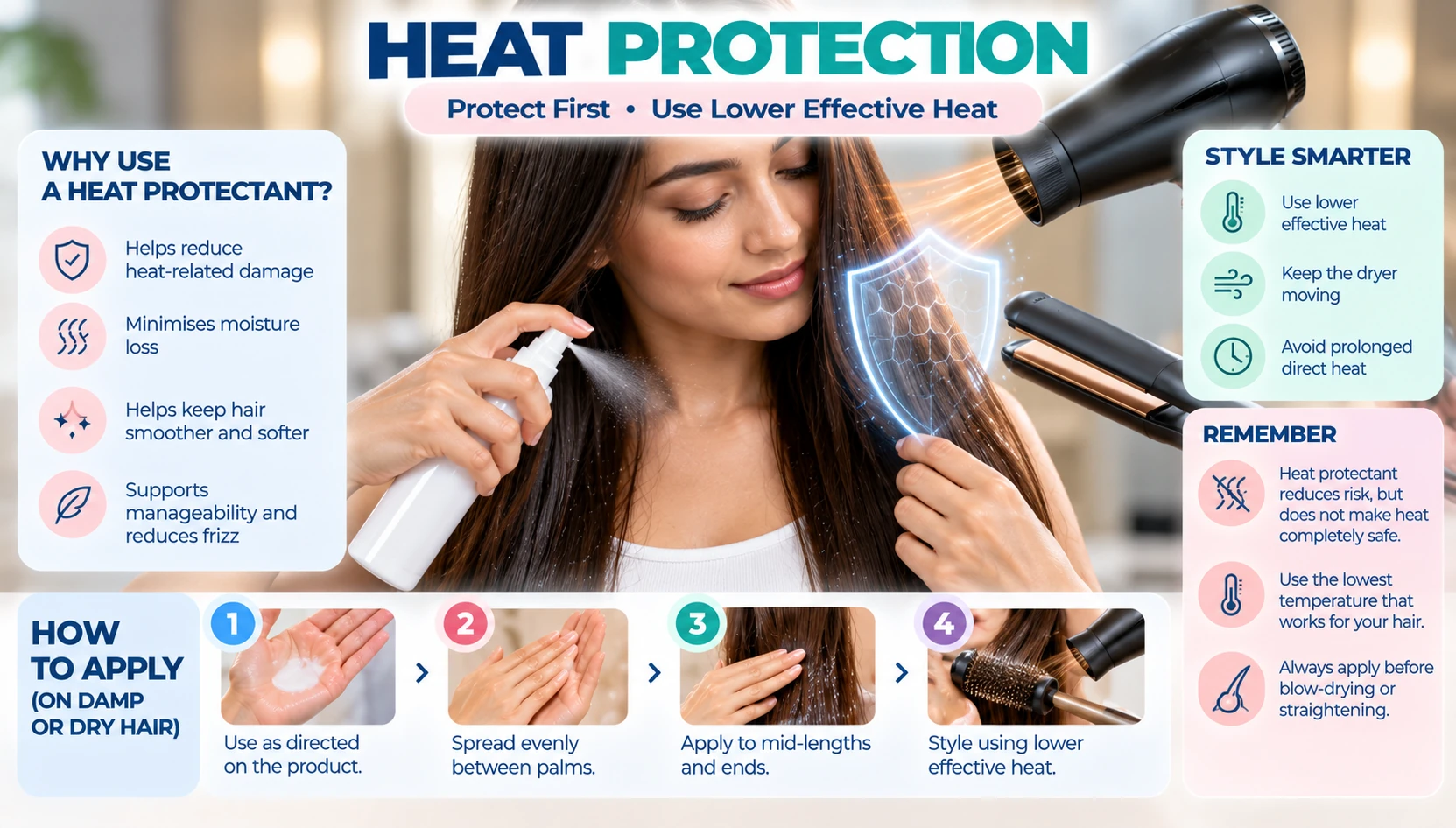 Heat protectant applied to damaged hair before blow drying or straightening with lower effective heat