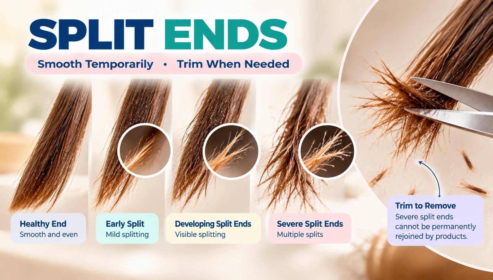 Split ends showing healthy hair ends early splitting developing damage and severe split ends with trimming guidance