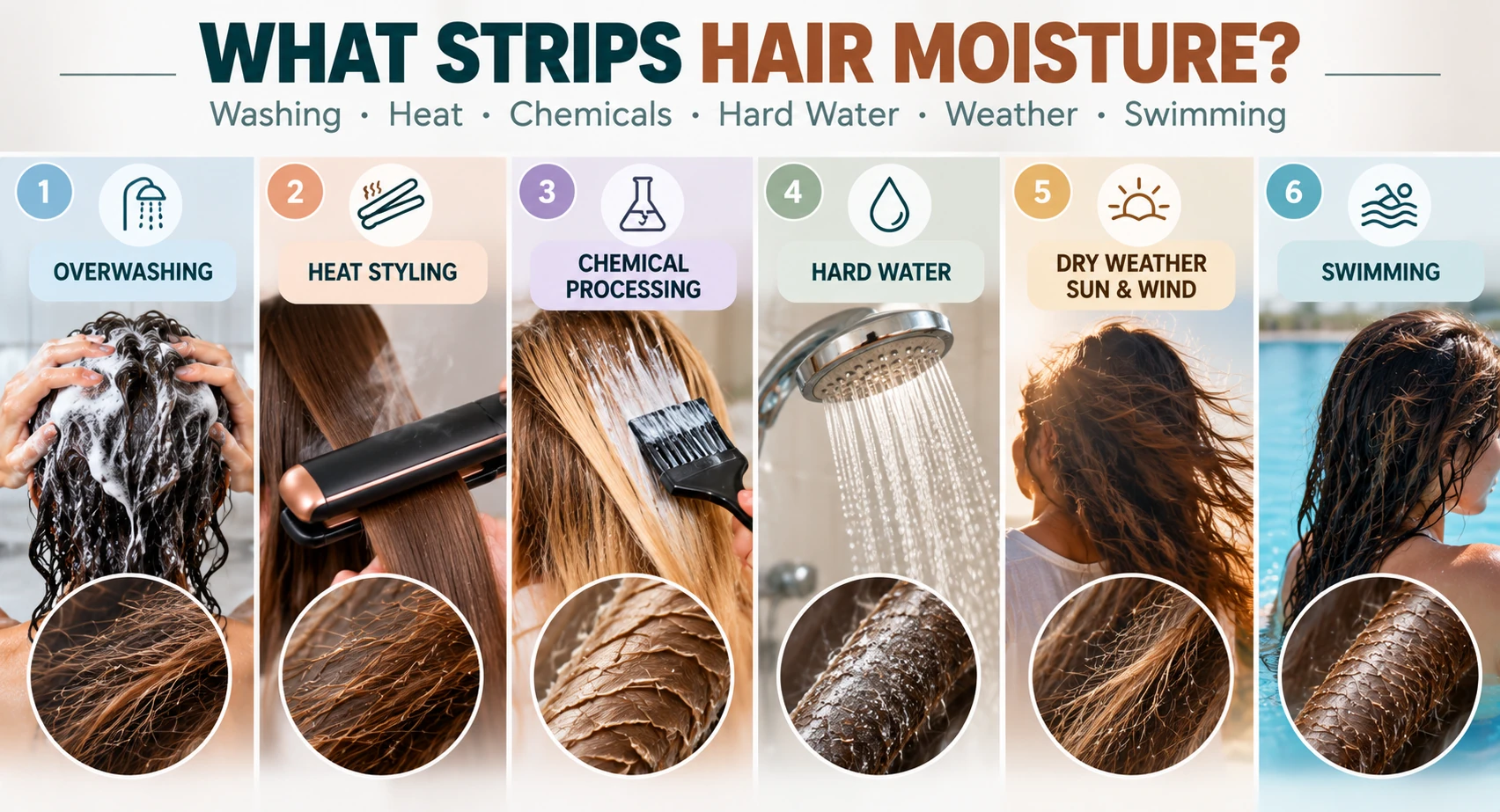 Causes of dry hair including overwashing heat styling chemical processing hard water dry weather sun wind and swimming
