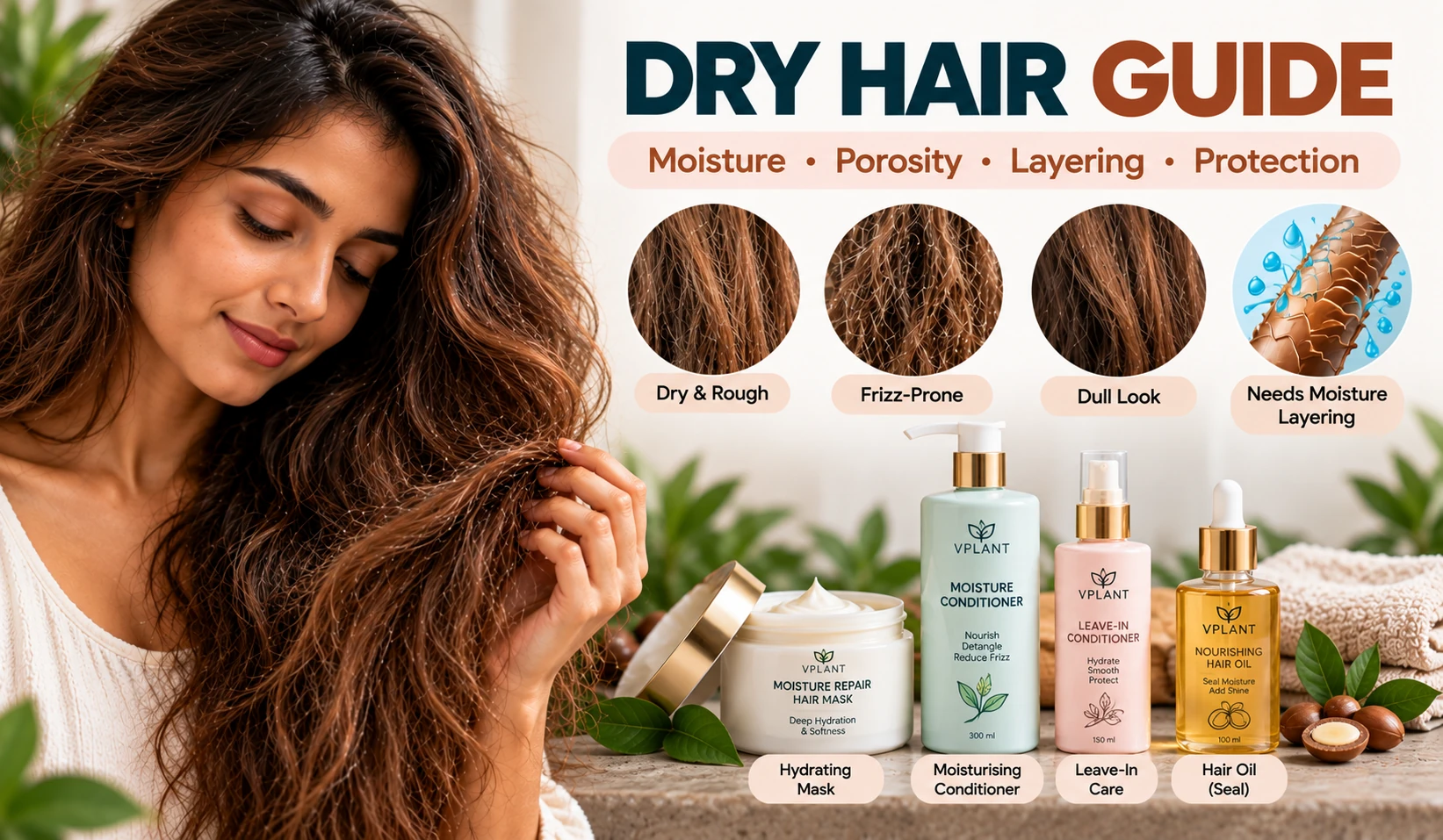 Dry hair care guide showing rough frizz-prone hair with moisturising conditioner, leave-in care, hair mask and hair oil