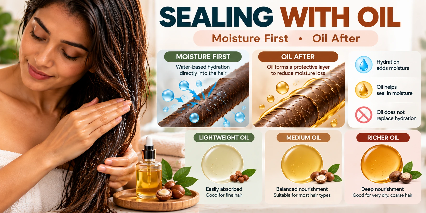 Hair oil for dry hair applied to damp moisturised mid-lengths and ends to help reduce moisture loss