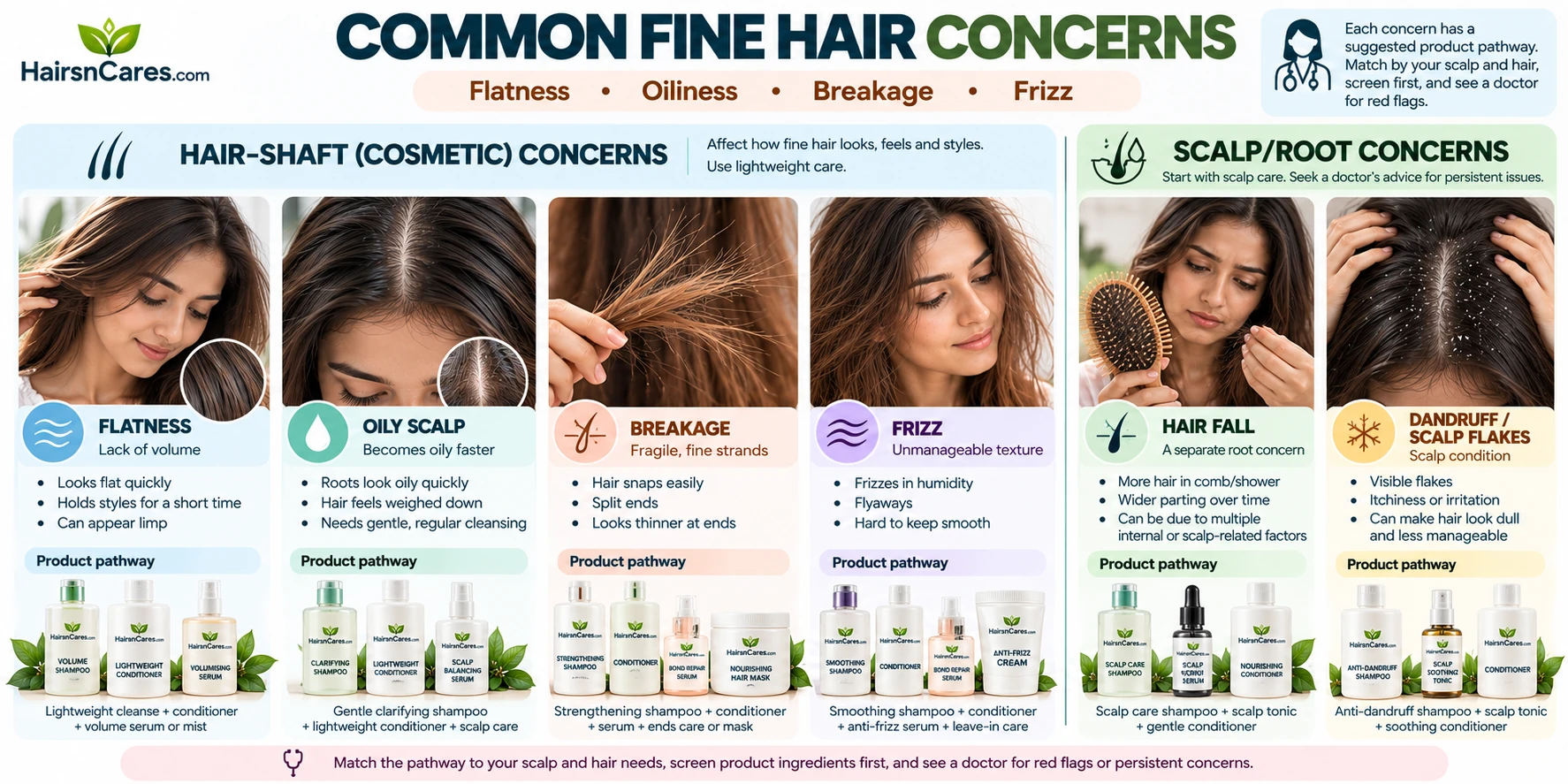Common fine hair concerns including flatness, oily scalp, breakage, frizz, hair fall and dandruff with HairsnCares product pathways