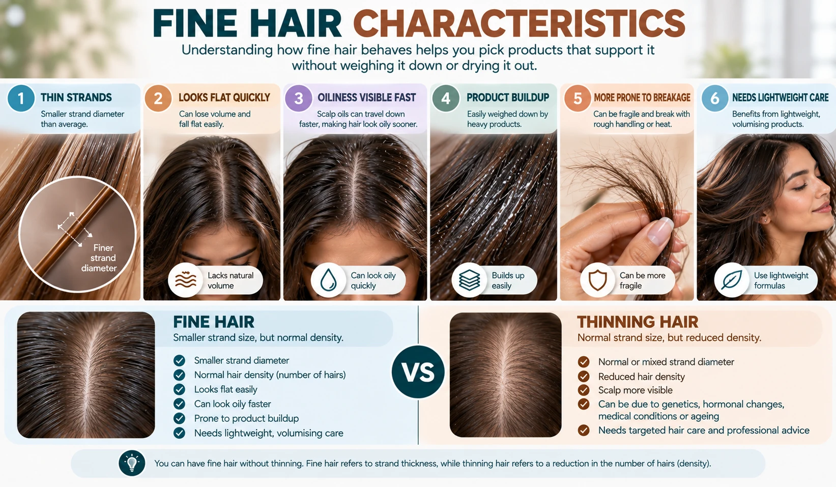 Fine hair characteristics showing smaller strand diameter flatness visible oiliness product buildup breakage risk and comparison with thinning hair