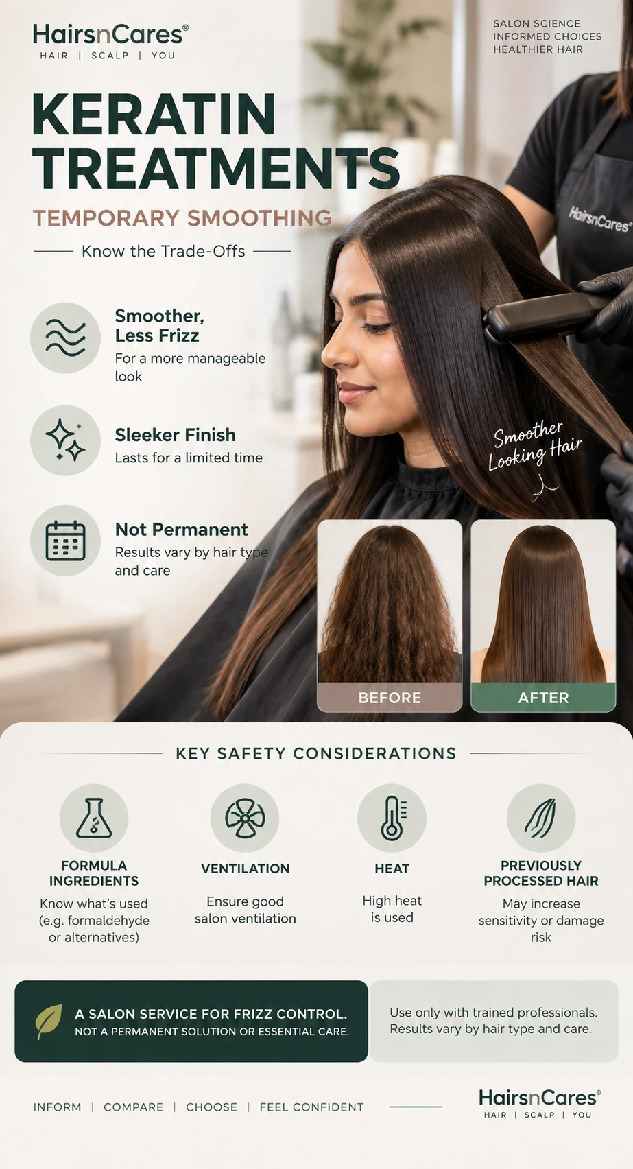 Keratin treatment for frizzy hair showing temporary smoothing with heat and salon safety considerations