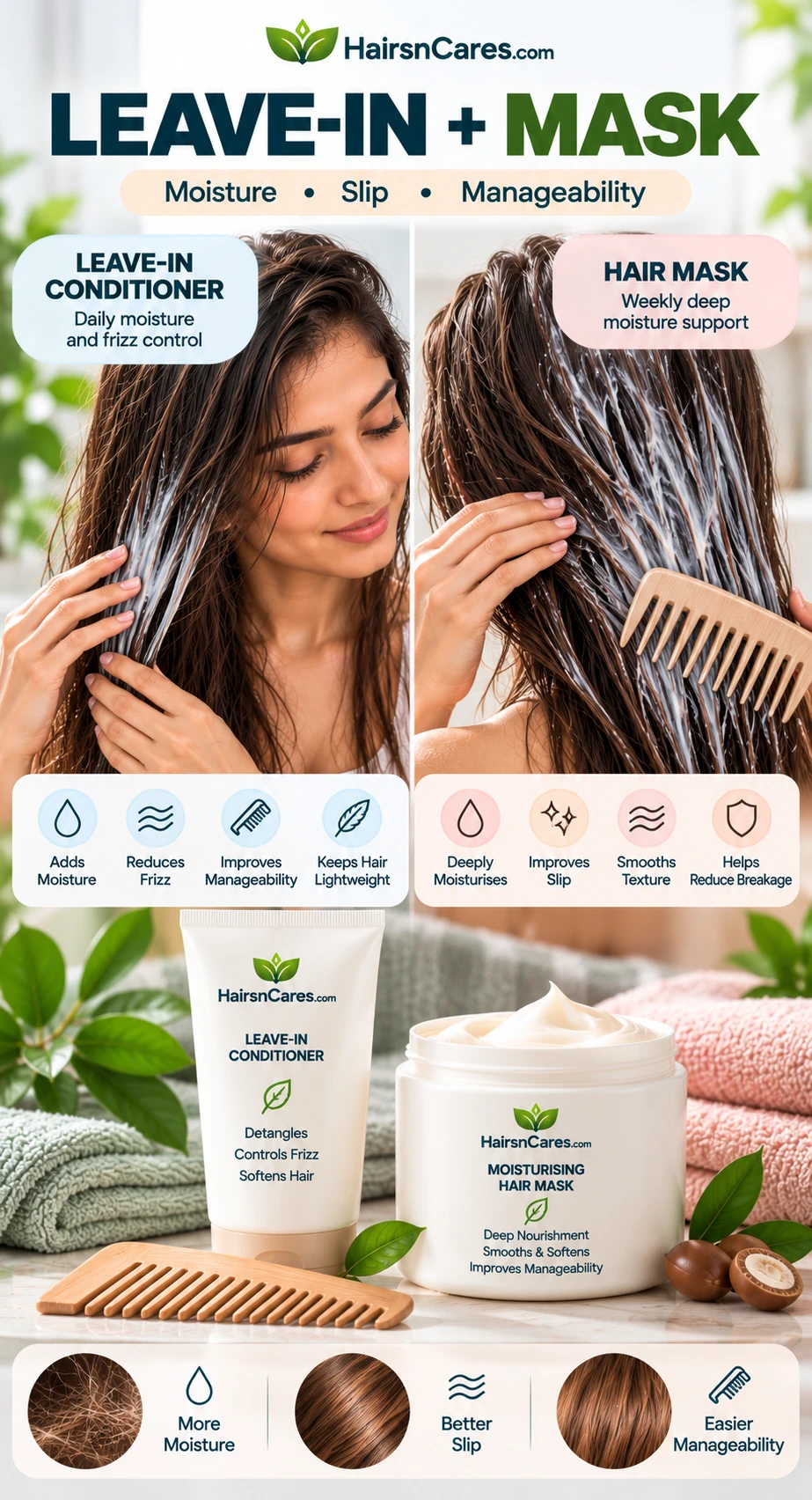 Leave-in conditioner and moisturising hair mask for frizzy hair with wide-tooth comb for moisture, slip and manageability