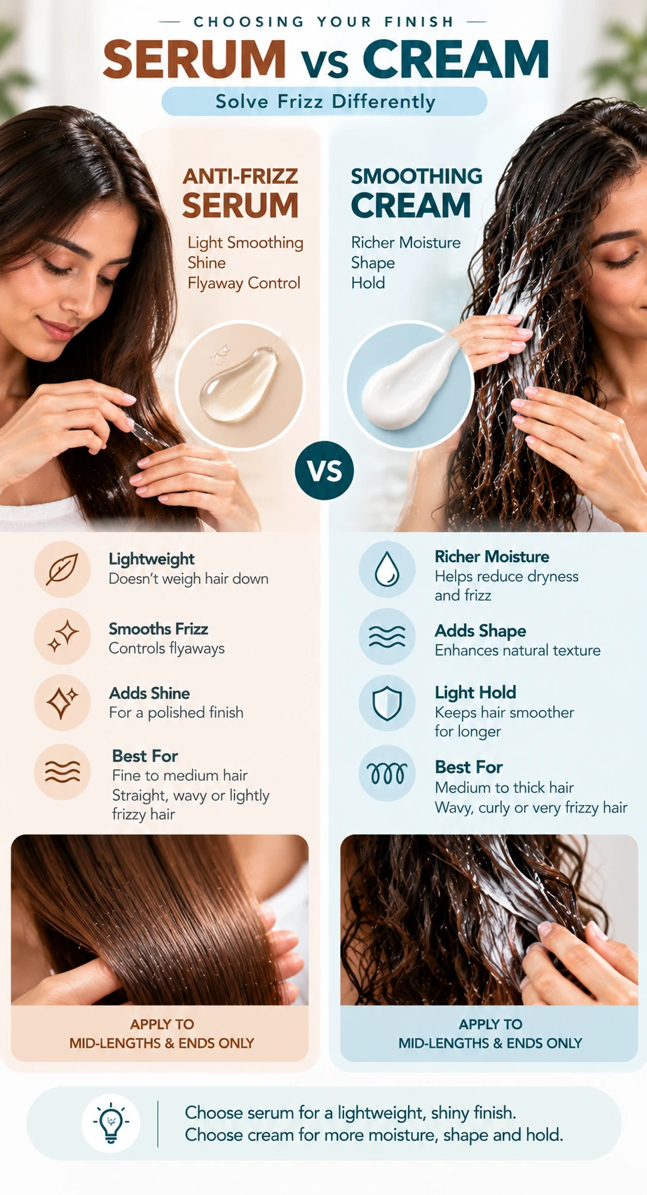 Serum vs cream for frizzy hair comparing lightweight smoothing shine and flyaway control with richer moisture shape and hold