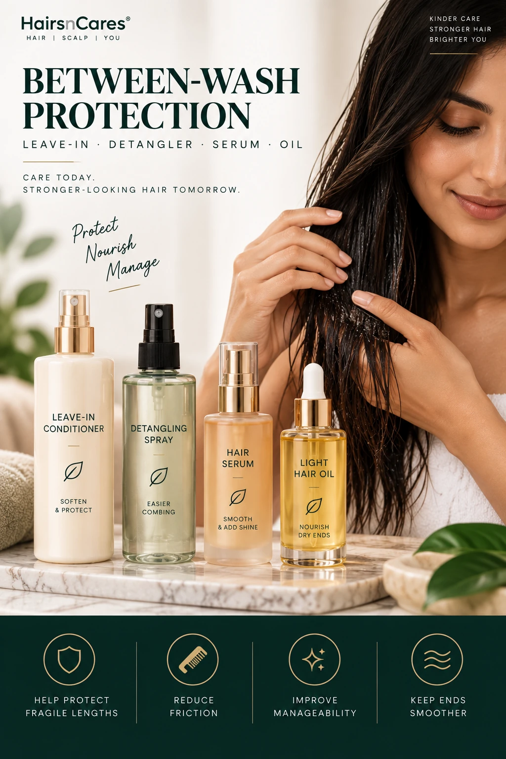Leave-in conditioner detangling spray serum and light hair oil for between-wash hair breakage care