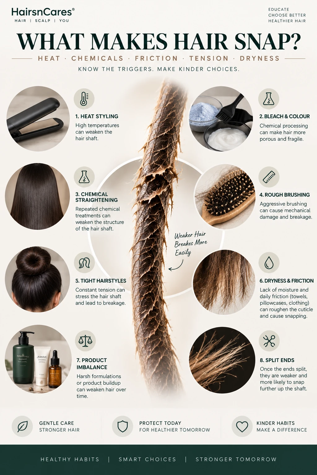 Causes of hair breakage including heat styling bleach chemical straightening friction tight hairstyles dryness and split ends