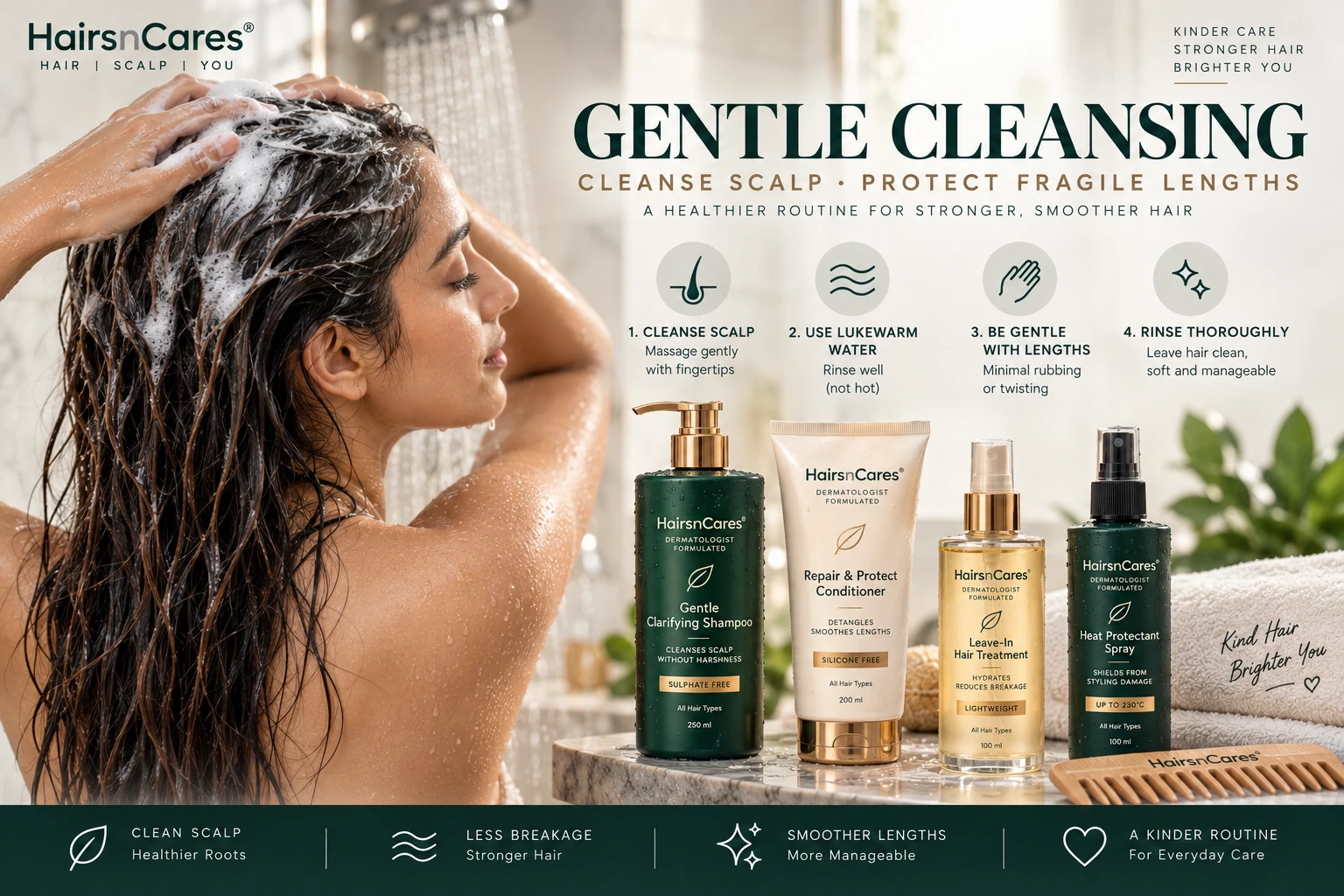 Gentle shampoo cleansing focused on the scalp while protecting fragile breakage-prone hair lengths and ends