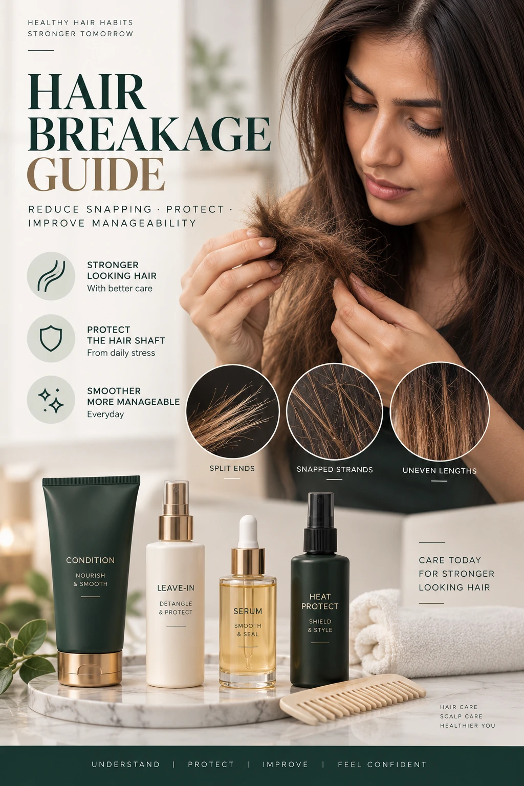 Hair breakage with snapped strands uneven lengths and split ends alongside breakage-control hair care products