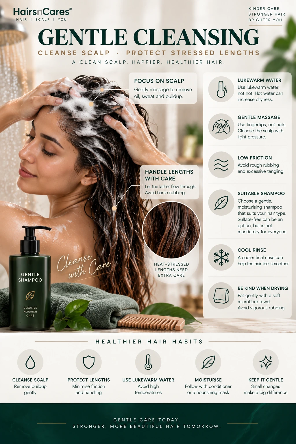 Gentle shampoo cleansing focused on the scalp while protecting heat-damaged mid-lengths and ends with lukewarm water