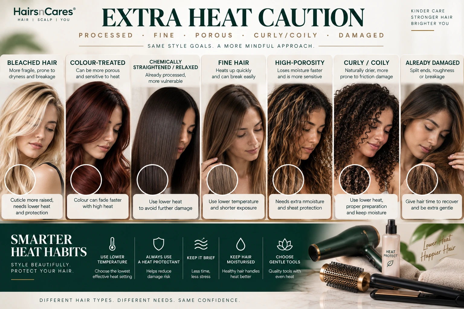Heat styling caution for bleached colour-treated fine high-porosity curly coily chemically processed and damaged hair