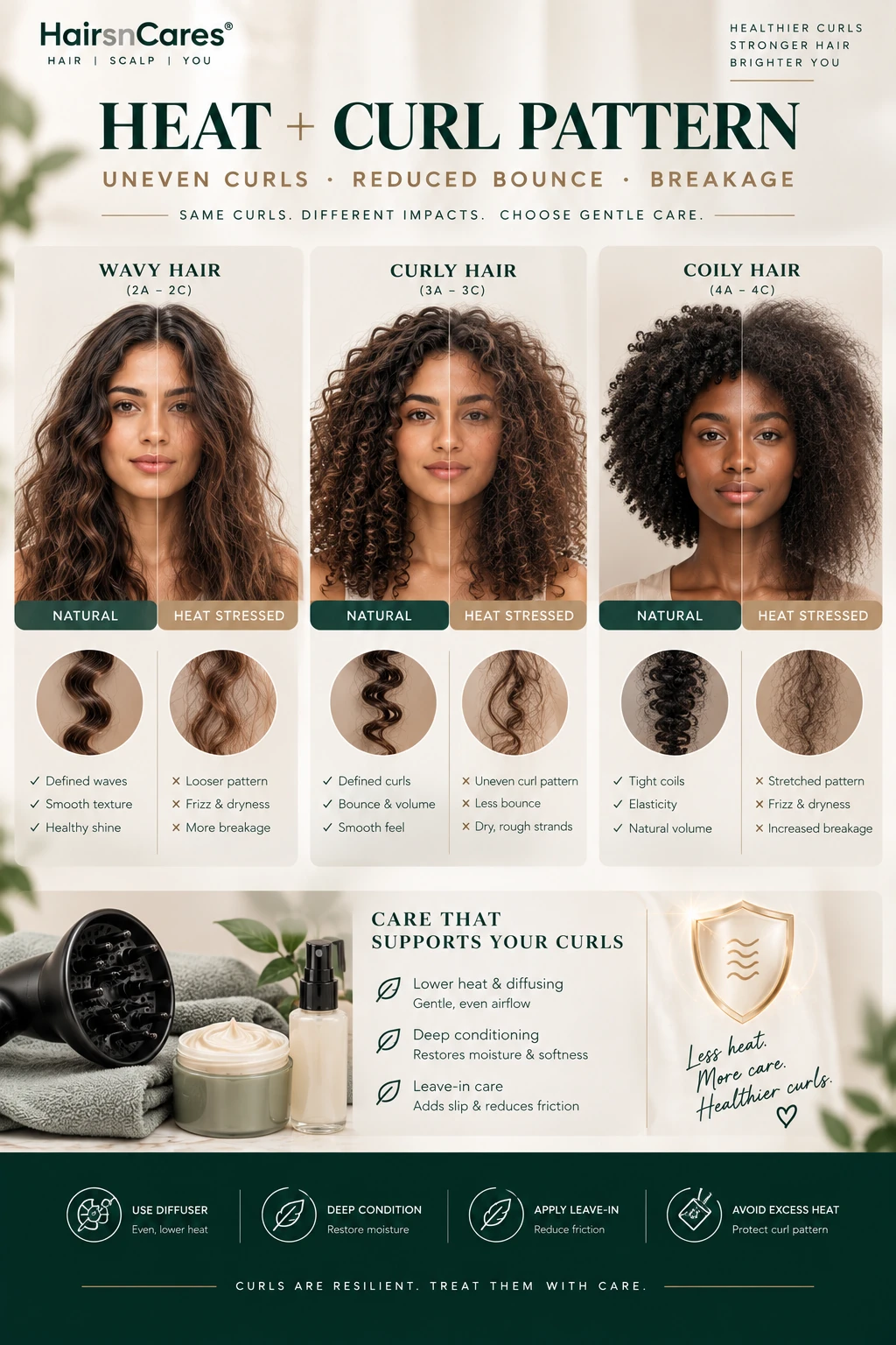 Heat damaged curls showing uneven wavy curly and coily patterns with reduced bounce dryness and breakage