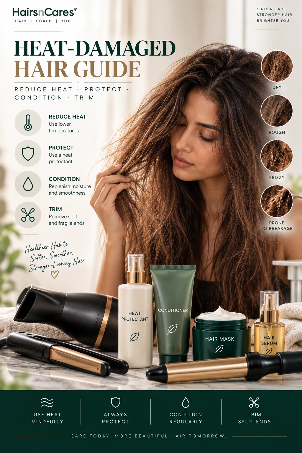 Heat damaged hair with dryness frizz rough texture and breakage alongside heat protectant conditioner mask serum and hot styling tools
