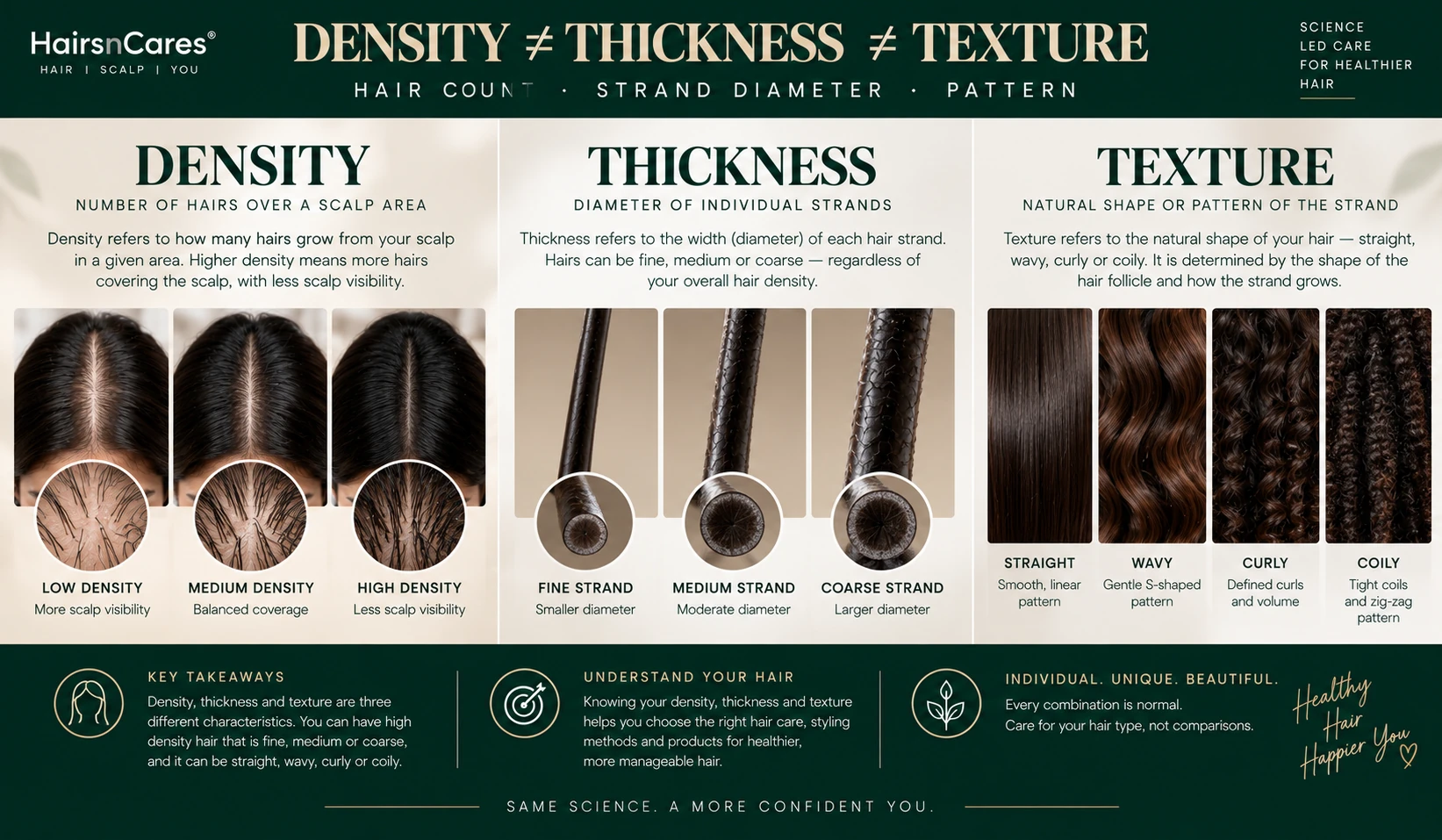 Hair density versus strand thickness versus texture showing hair count strand diameter and straight wavy curly and coily patterns