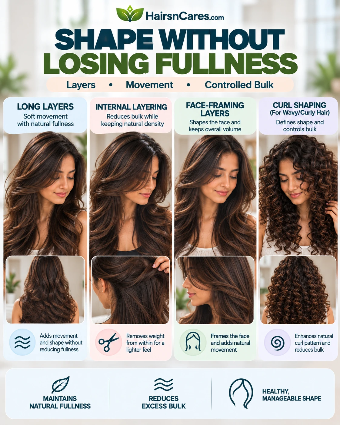 Haircut for high density hair showing long layers, internal layering, face-framing layers and curl shaping to manage bulk while retaining fullness