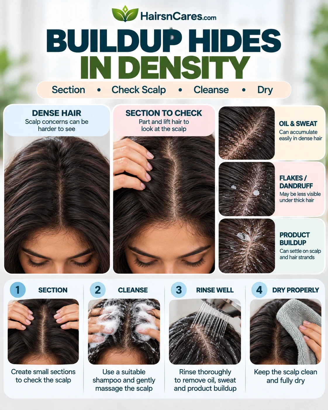 Scalp buildup in high density hair showing sectioning to check oil, sweat, flakes and product residue before cleansing