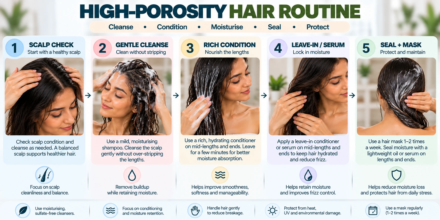 High porosity hair care routine with scalp check, gentle cleansing, rich conditioner, leave-in or serum, hair oil and mask