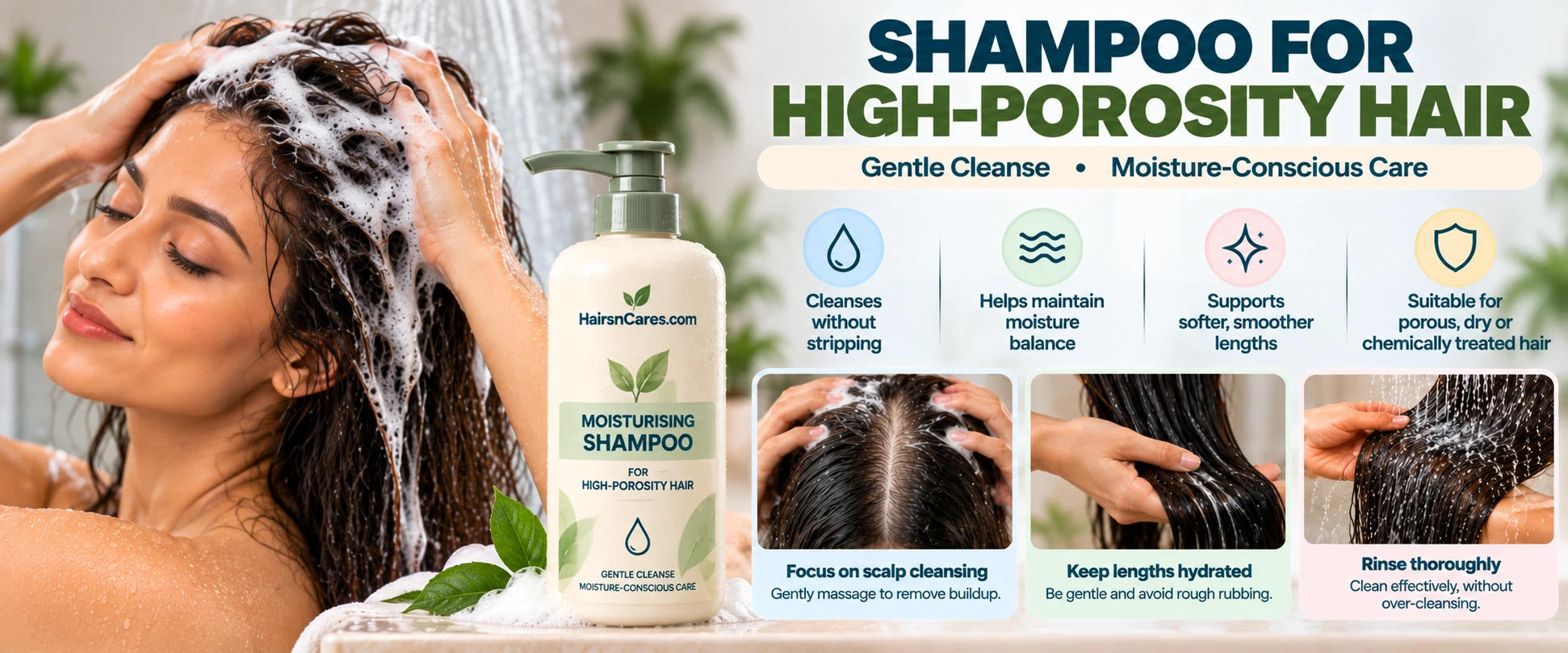 HairsnCares moisturising shampoo for high porosity hair with gentle scalp cleansing and moisture-conscious care for porous lengths