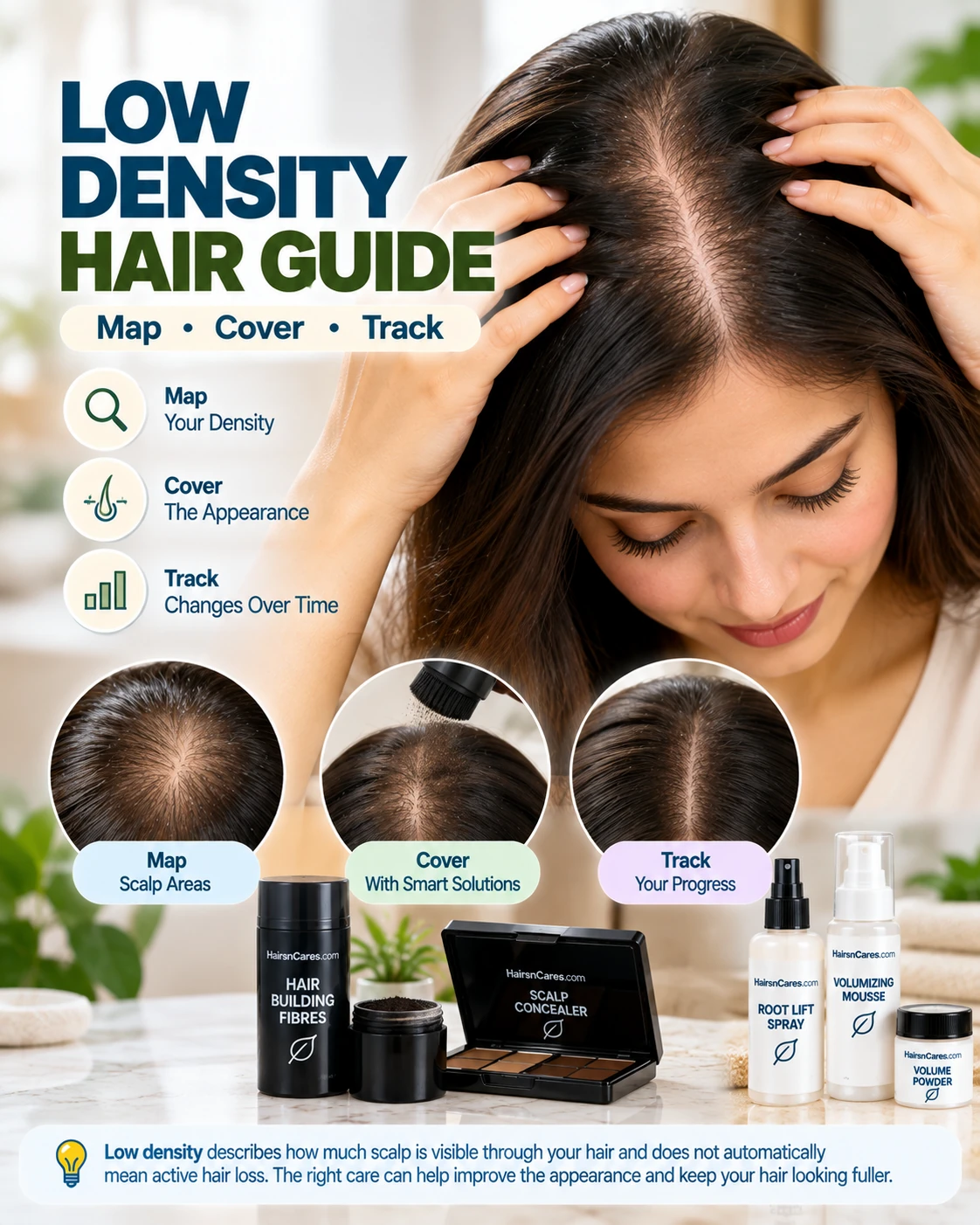 Low density hair guide showing visible scalp at the parting and crown with density mapping, hair fibres, scalp concealer and volumizing options