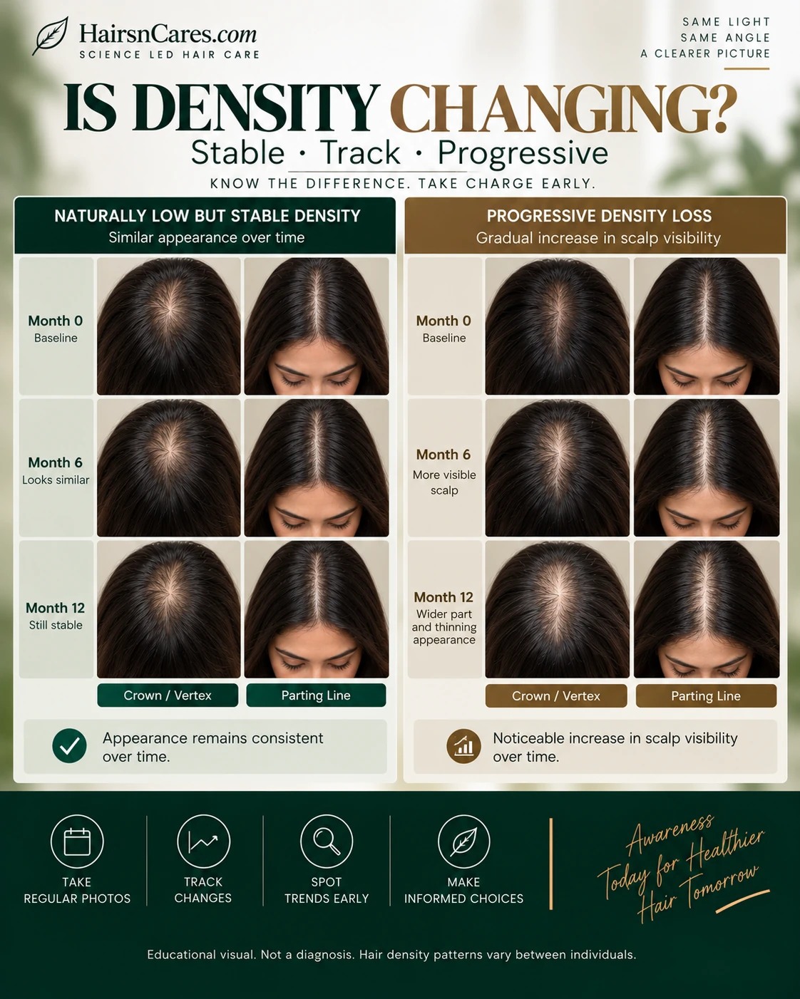 Stable low hair density compared with progressive density loss using matched crown and parting photographs over time
