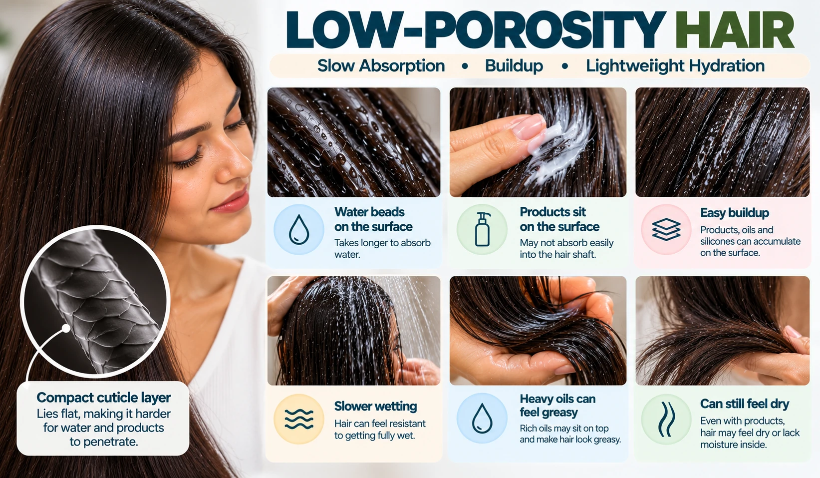 Low porosity hair characteristics showing water beading, slower wetting, product buildup, heavy oils and compact cuticle illustration