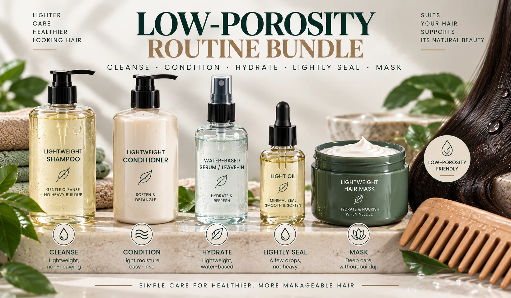 Low porosity hair products including lightweight shampoo conditioner water-based leave-in serum light oil and hydrating mask