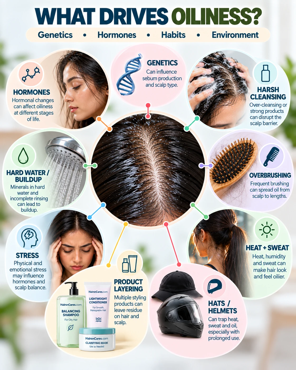 Causes of oily hair and scalp including genetics, hormones, sweat, product buildup, brushing, hats, helmets and cleansing habits
