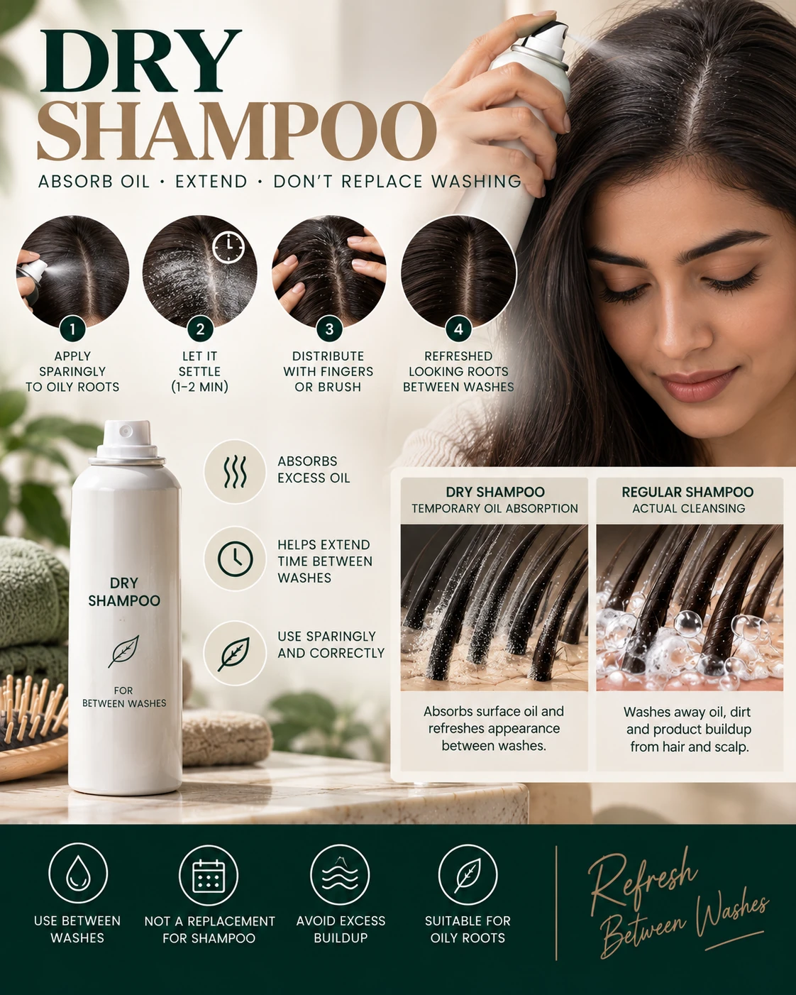 Dry shampoo applied sparingly to oily roots to absorb excess oil between washes without replacing regular shampoo cleansing