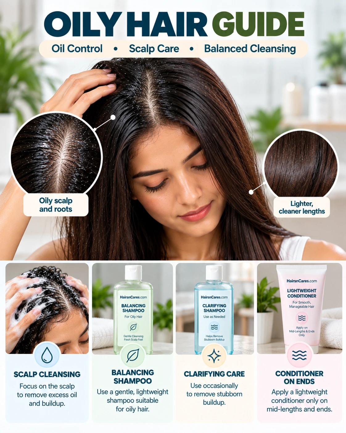 Oily hair guide showing oily scalp and roots with balanced cleansing, shampoo, clarifying care and conditioner on the lengths
