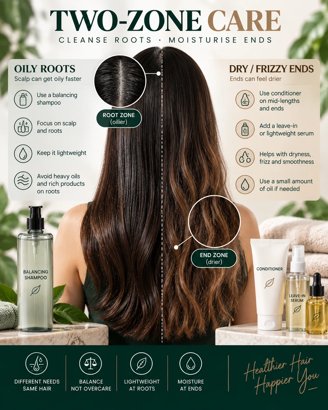 Oily roots and dry frizzy ends showing two-zone hair care with scalp shampoo and conditioner leave-in serum or oil on ends