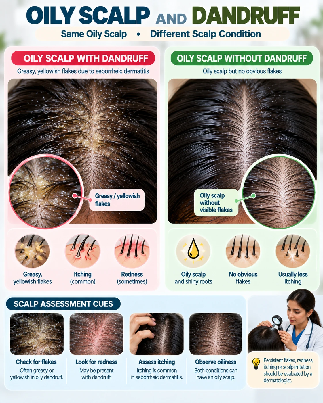 Oily scalp and dandruff comparison showing greasy flakes, itching and redness versus an oily scalp without obvious flaking