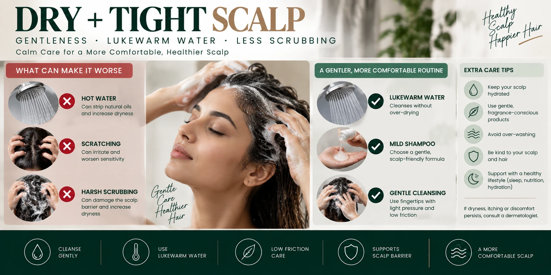 Dry tight sensitive scalp care with mild shampoo lukewarm water and gentle low-friction cleansing