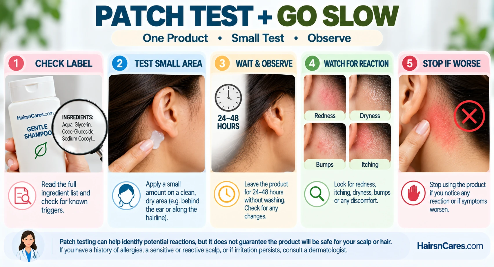 Patch test hair products guide showing label check, small-area testing, observation for reaction and stopping use if irritation occurs