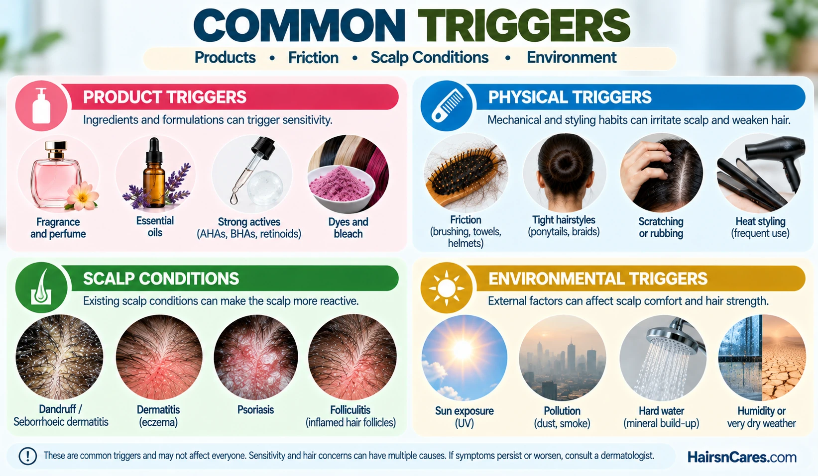 Common sensitive scalp and fragile hair triggers including products, friction, scalp conditions, sun, pollution, hard water and dry weather