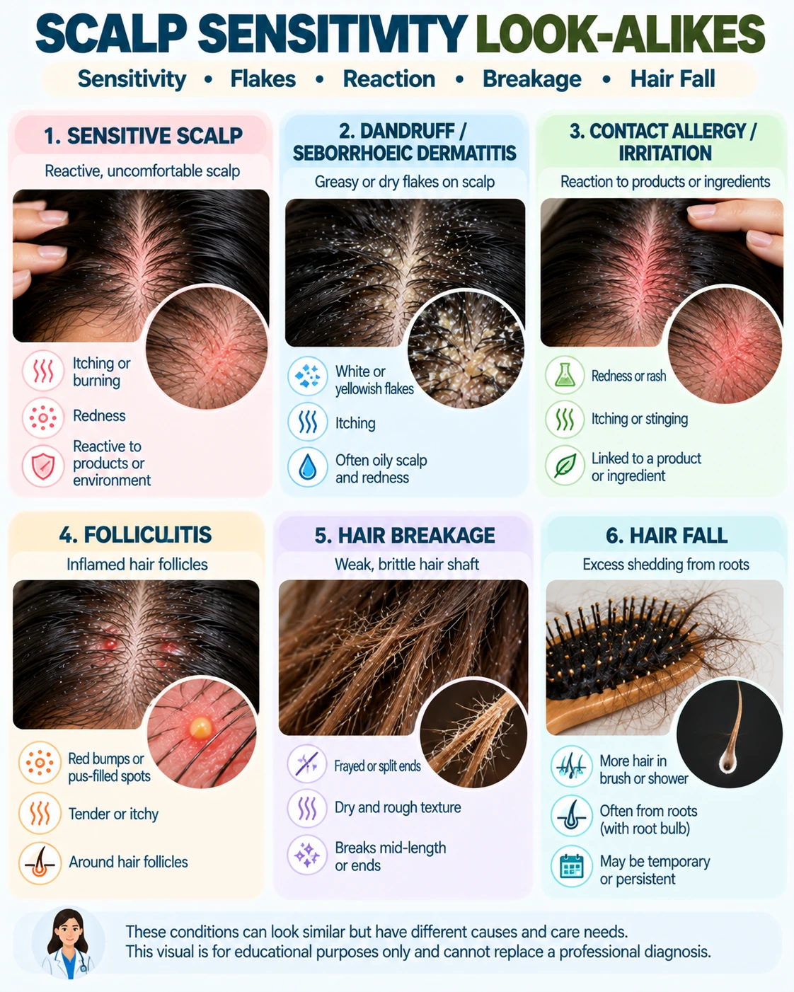 Sensitive scalp symptoms compared with dandruff, contact irritation, folliculitis, hair breakage and hair fall
