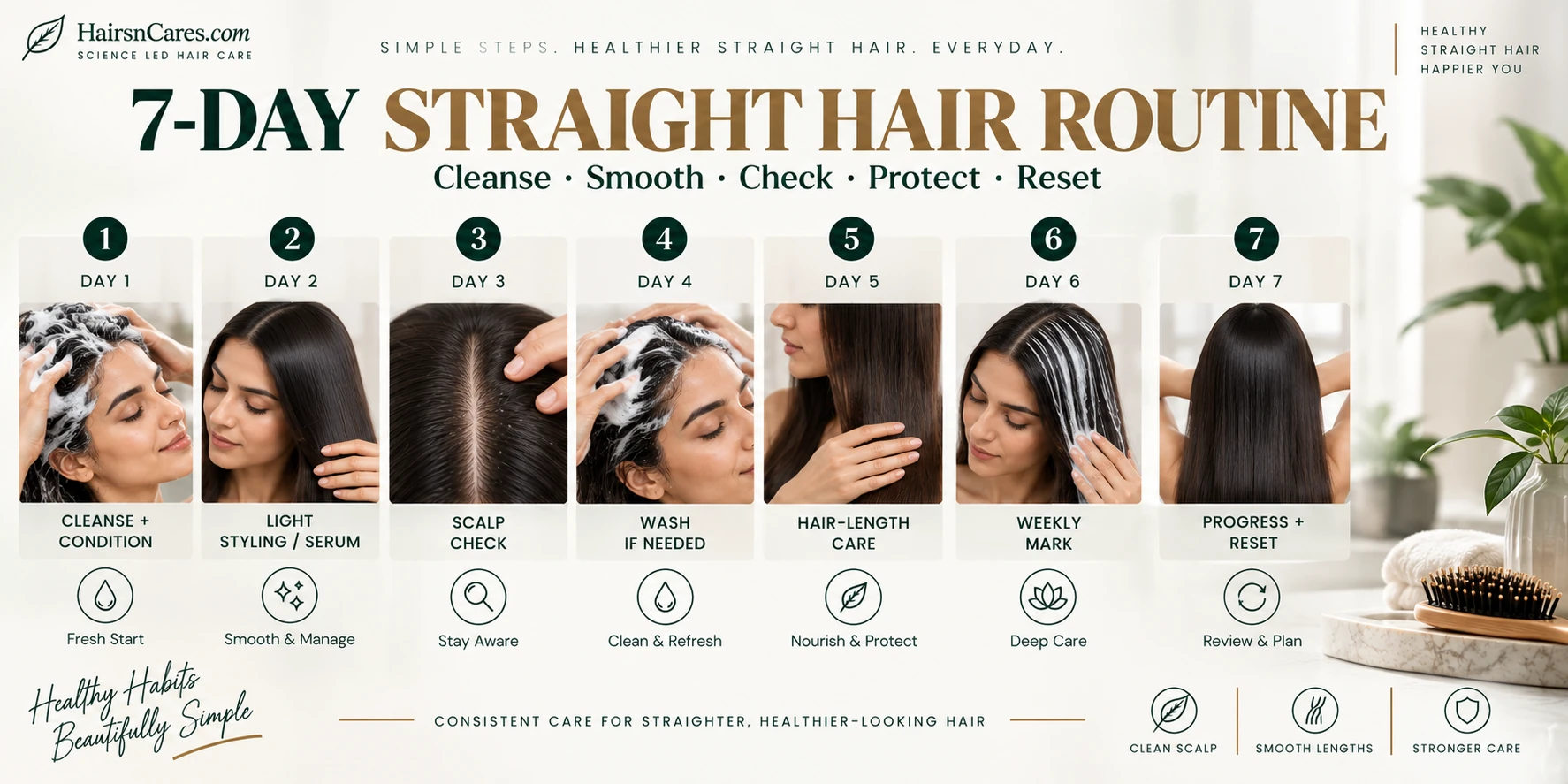 Seven-day straight hair routine with cleansing conditioning light styling scalp checks length care hair mask and weekly reset