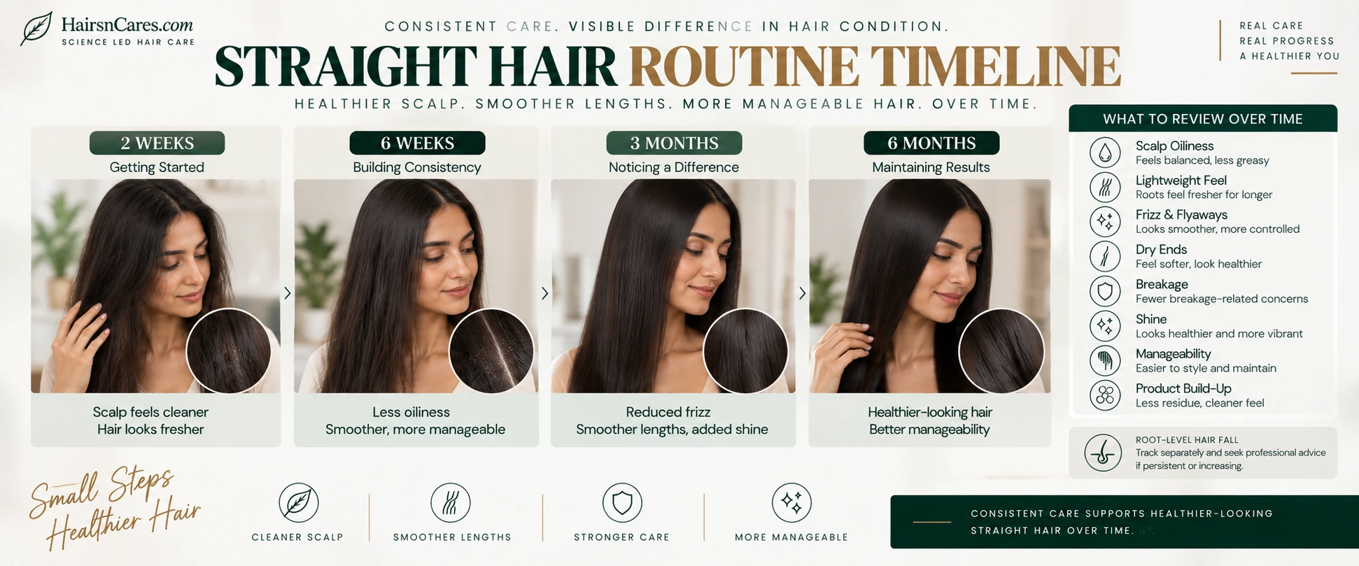 Straight hair routine timeline at 2 weeks 6 weeks 3 months and 6 months tracking oiliness frizz dry ends breakage and manageability