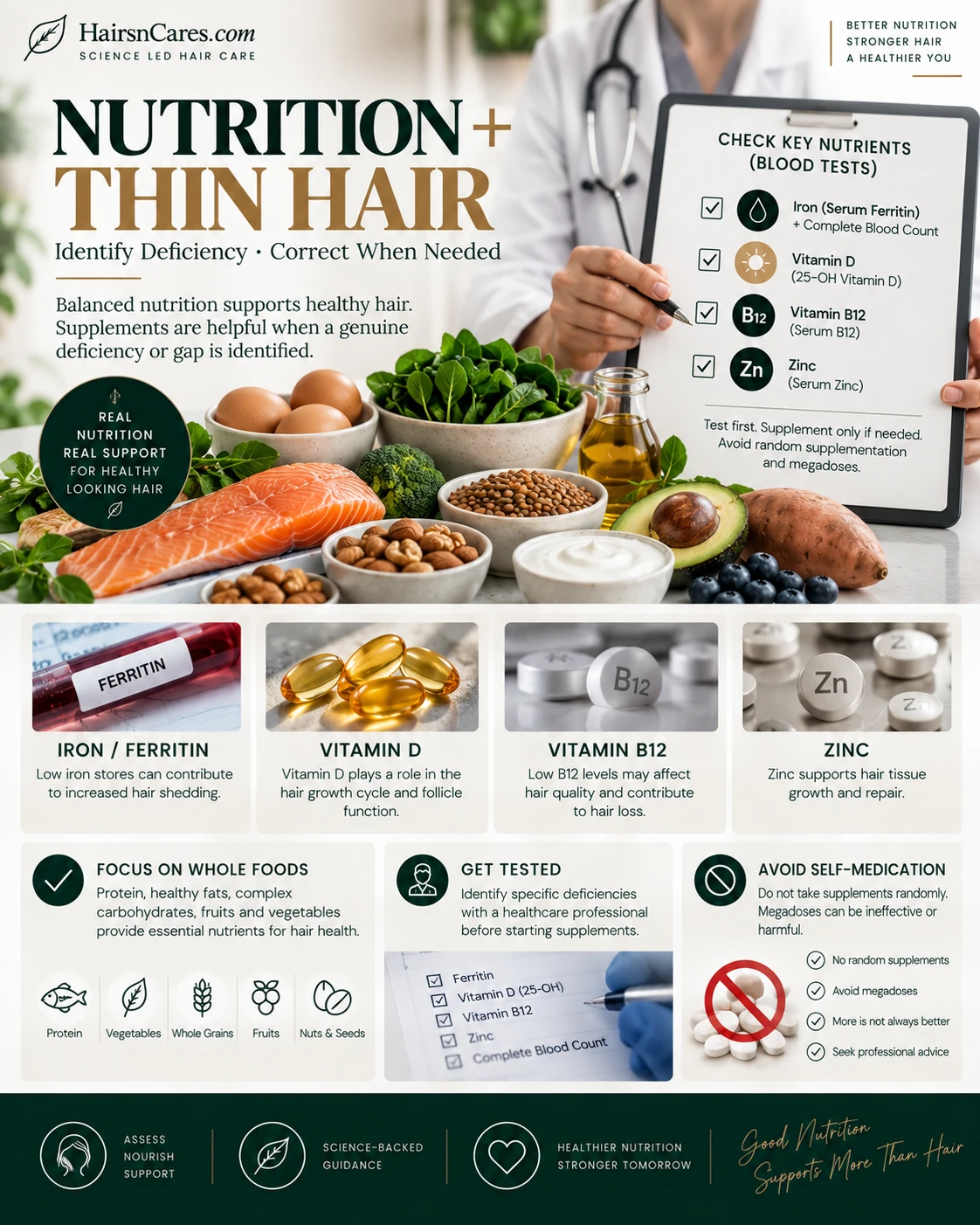 Nutrition for thin hair showing balanced protein-rich foods and assessment of iron ferritin vitamin D B12 and zinc