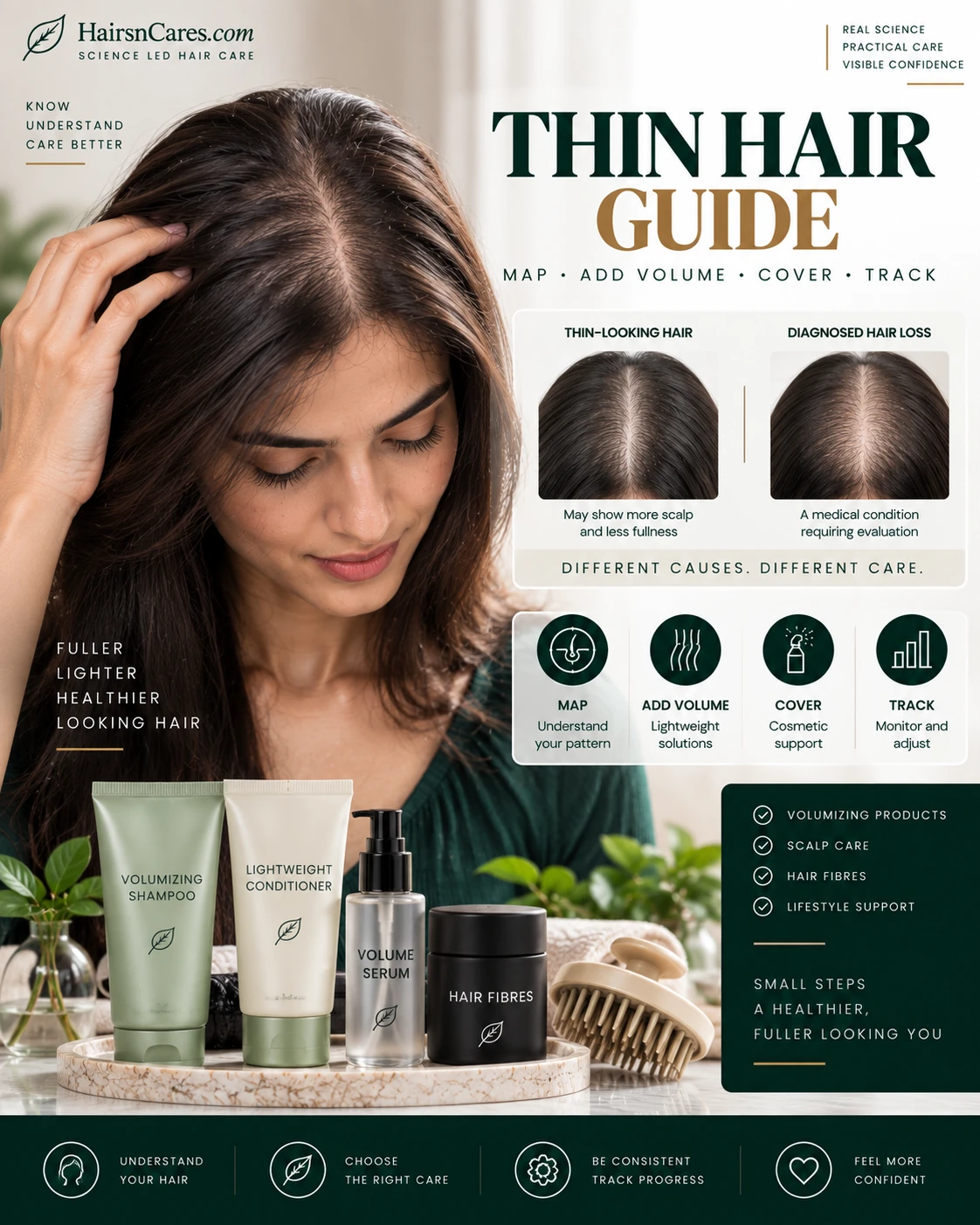 Thin hair guide showing visible scalp reduced fullness lightweight volumizing products hair fibres and density tracking