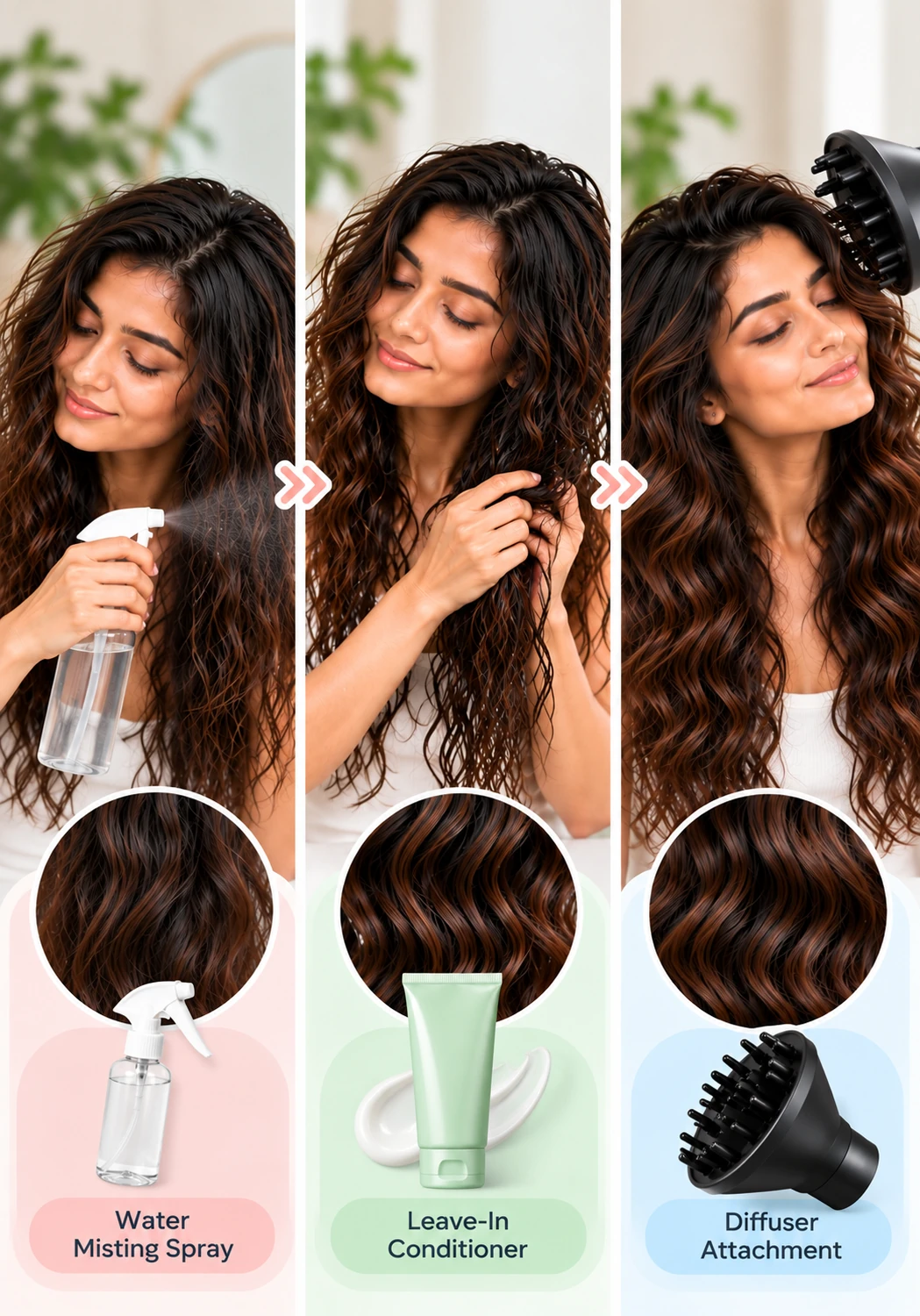 Wavy hair refresh routine using water misting spray, lightweight leave-in conditioner and diffuser attachment for refreshed, defined waves.
