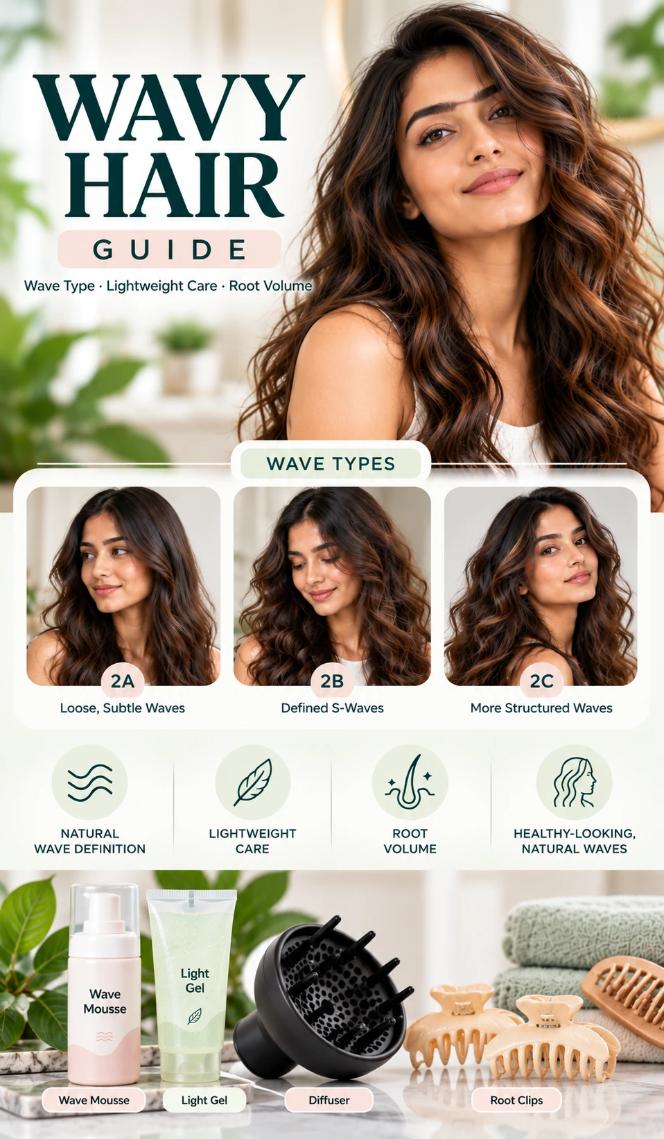 Wavy hair guide showing 2A, 2B and 2C wave types with wave mousse, light gel, diffuser and root clips for definition and volume.