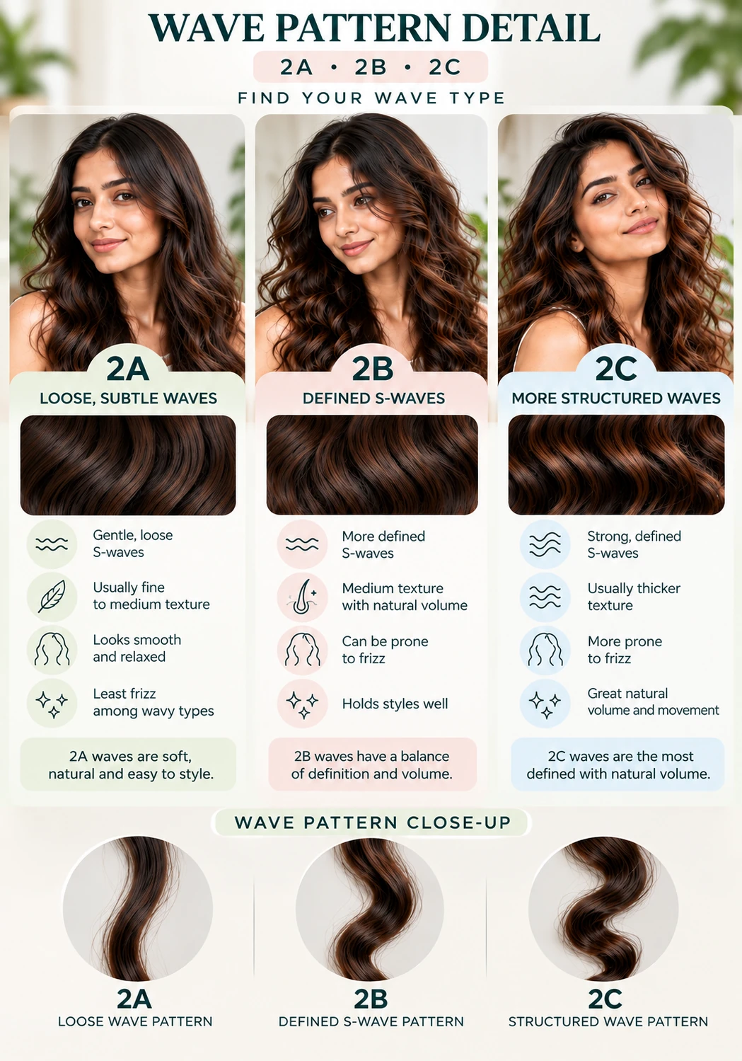 Wavy hair pattern comparison showing loose 2A waves, defined 2B S-waves and structured 2C waves with close-up hair texture examples.